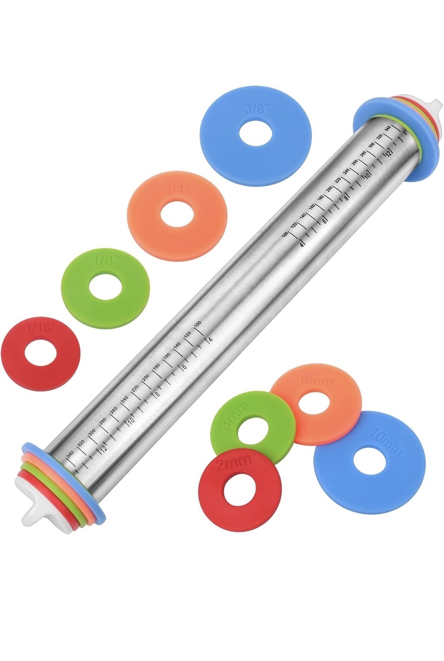 Adjustable Stainless Steel Rolling Pin 17 in 4 Thickness Discs Engraved